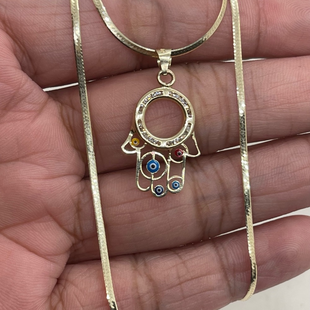 10K Gold Hamsa Herringbone Necklace - Picture 2 of 10